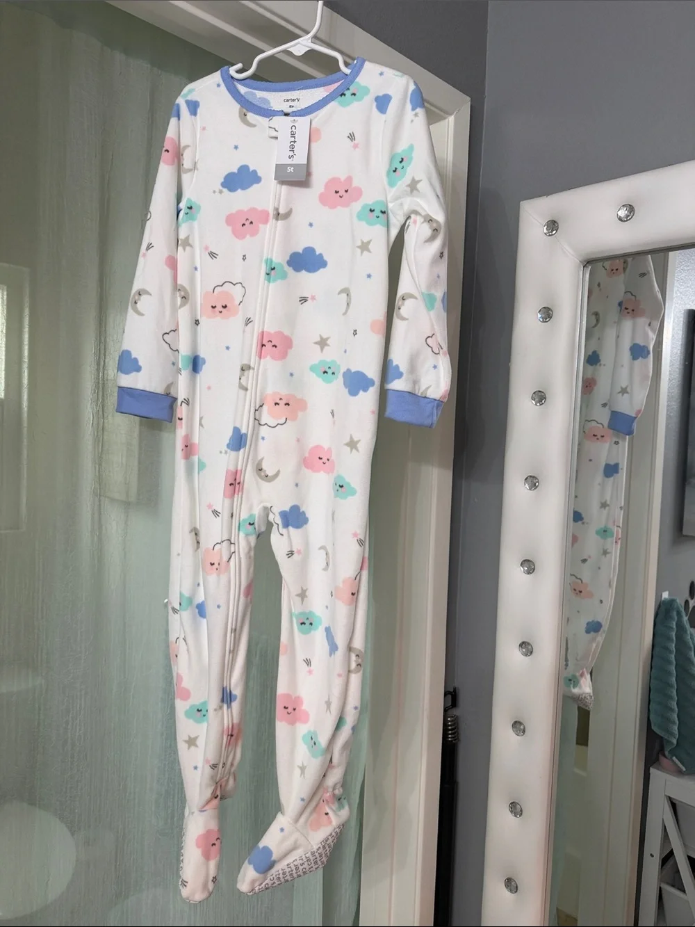 Carter's White Footed One-Piece Pajamas with Pastel Clouds & Stars 5T new
